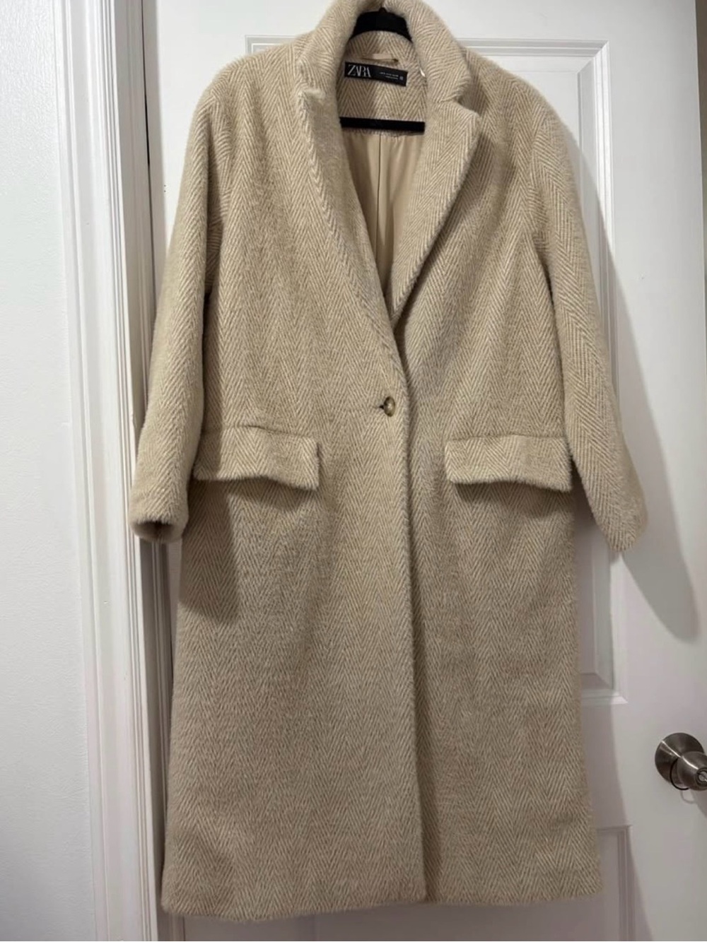 Zara Cream Herringbone Tailored Wool-Blend Pea Coat